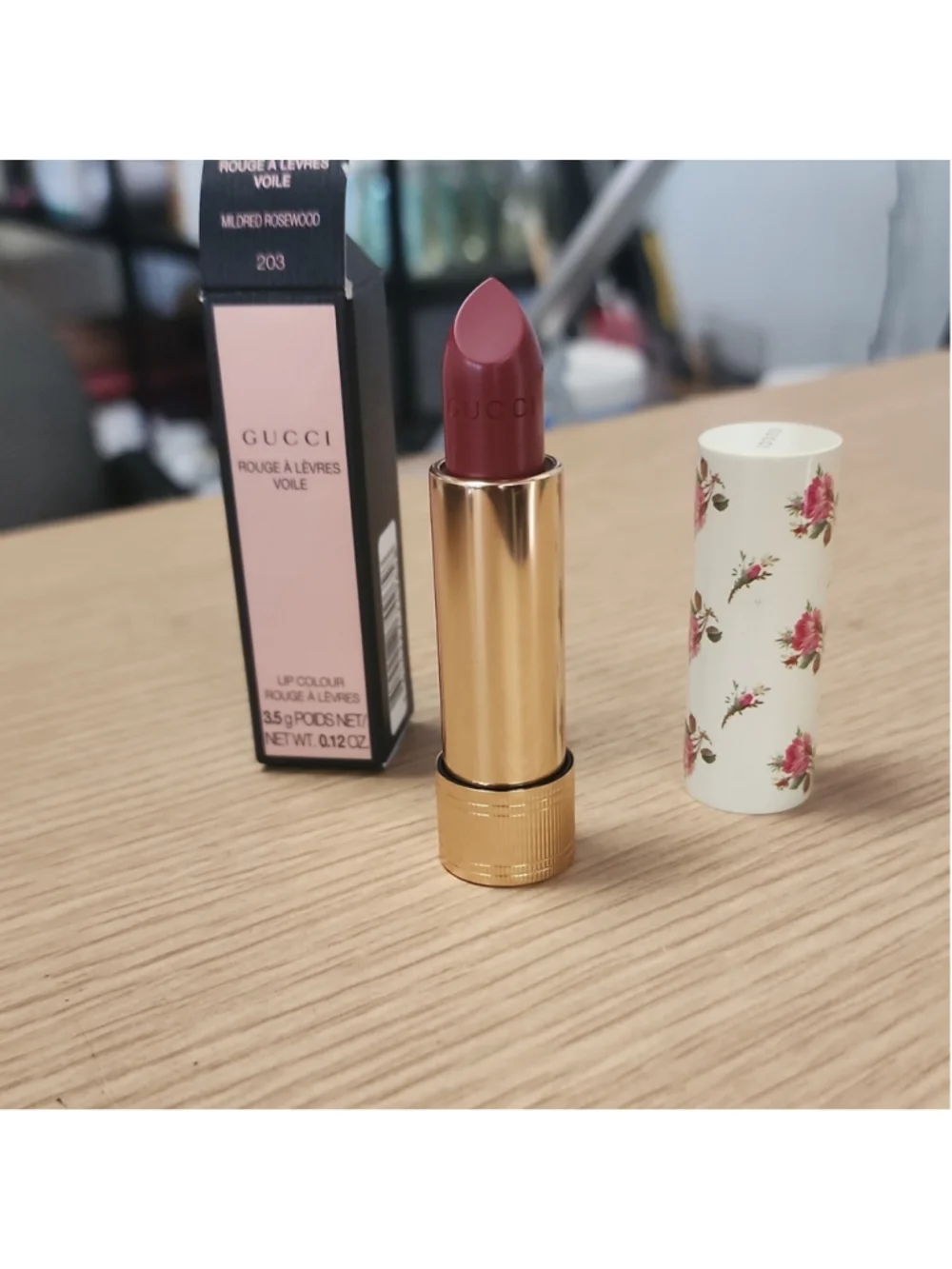 GUCCI Rouge A Lèvres Voile Sheer Lipstick Stick 203 Mildred Rosewood 0.12 oz
